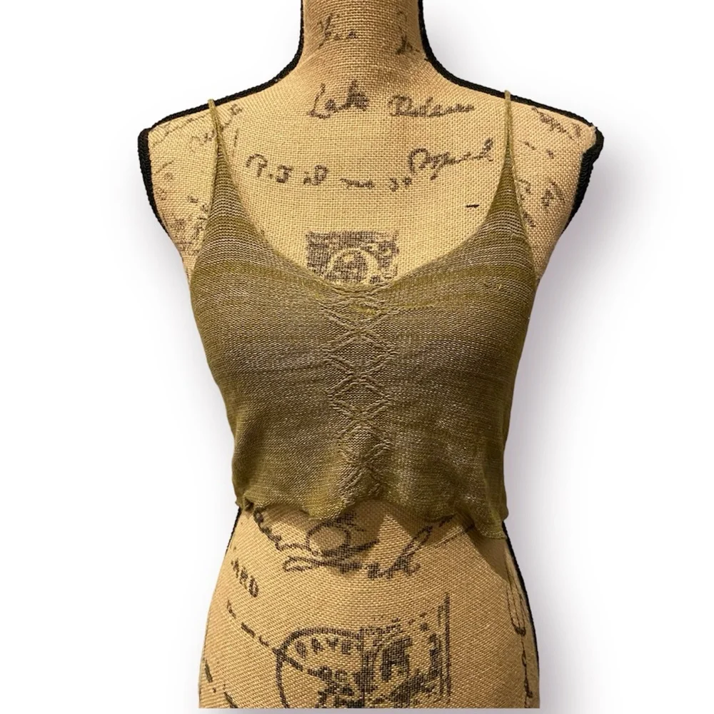 PICO VELA Linen Bamboo Knit Cropped Tank Top Pea Green Small